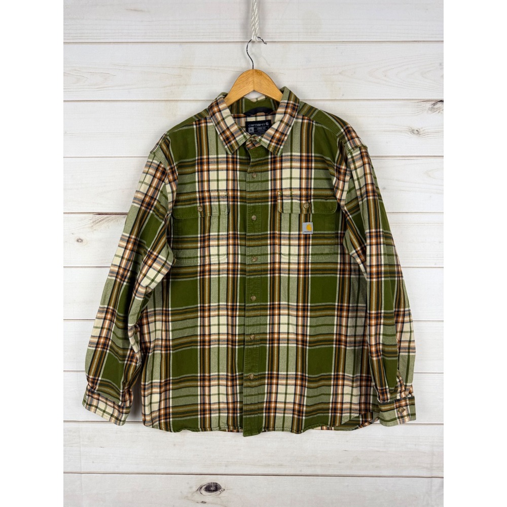 Carhartt Button Shirt Mens XL Green Plaid Loose Fit Flannel Long Sleeve Workwear